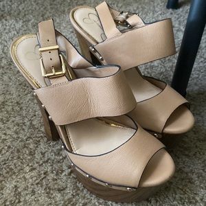 Jessica Simpson Tan Wood Chunky Heel Sandals
